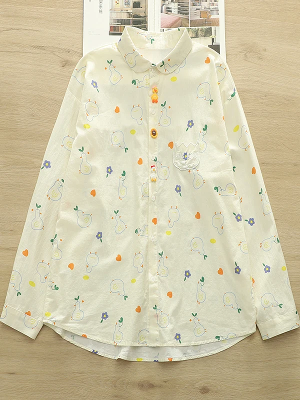 

Женская повседневная хлопковая рабочая одежда свободного покроя с мультяшным принтом Du с длинным светом и воротником irt, весенняя модная возрастная рабочая одежда