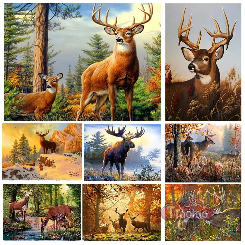 5D Animals Embroidery Diy Full Square Round Diamond Painting Deer Natural Scenery Cross Stitch Mosaic Crafts Home Decoration