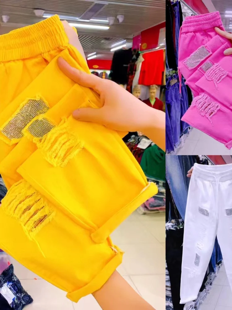 Fashion Candy Colours Women Jeans Spring Autumn New Loose Denim Harem Pants High Waist Hole Pants Casual Trousers Female