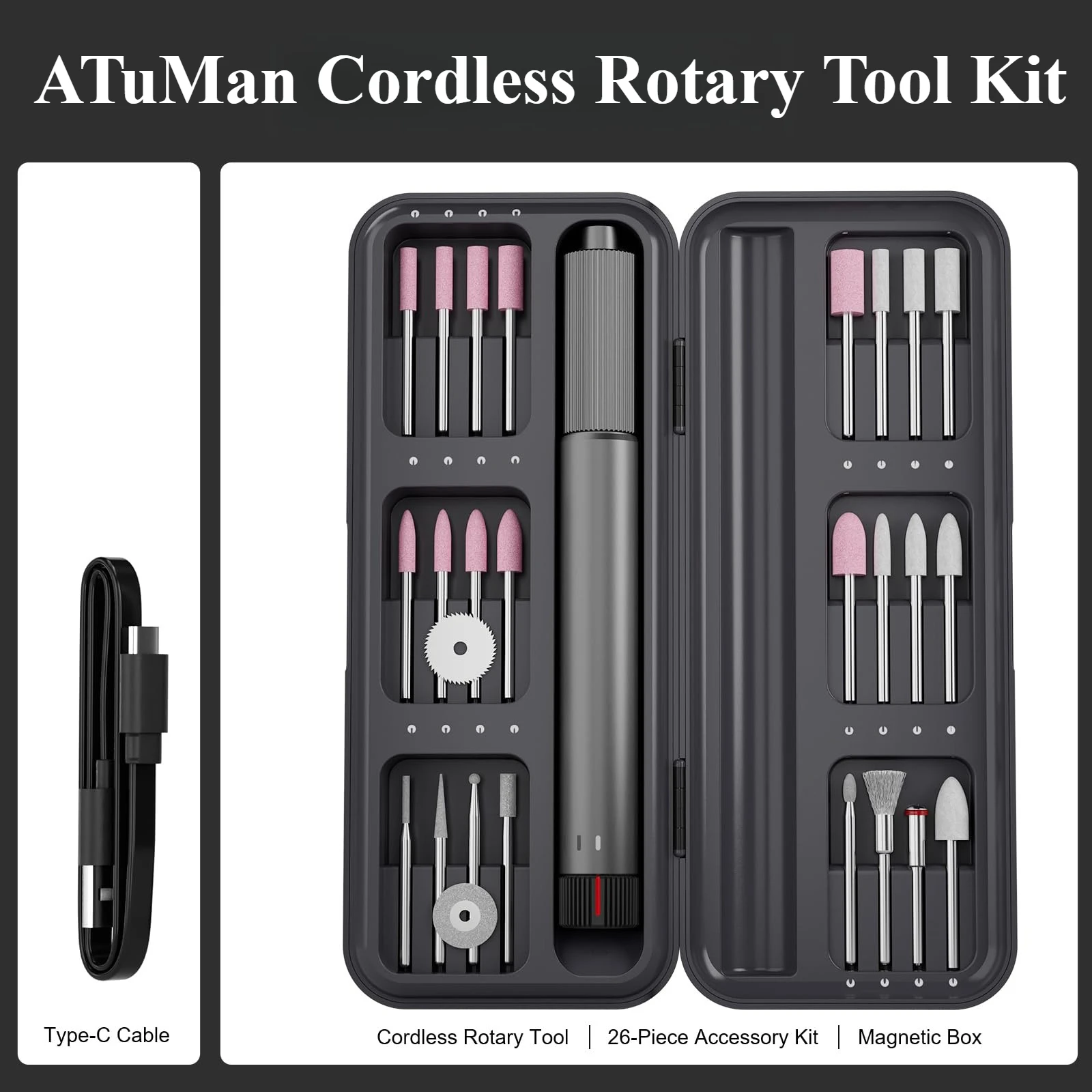 ATuMan 5V Cordless Rotary Tool Kit 2 Speed 19000 RPM Power Rotary Tools for Light DIY Projects/Precision Work