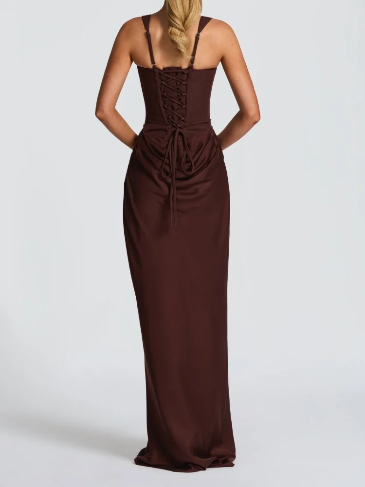 VC Vestidos de noche ajustados de satén marrón para mujer – Vestido largo elegante con escote cuadrado y cintura drapeada para fiestas y eventos formales