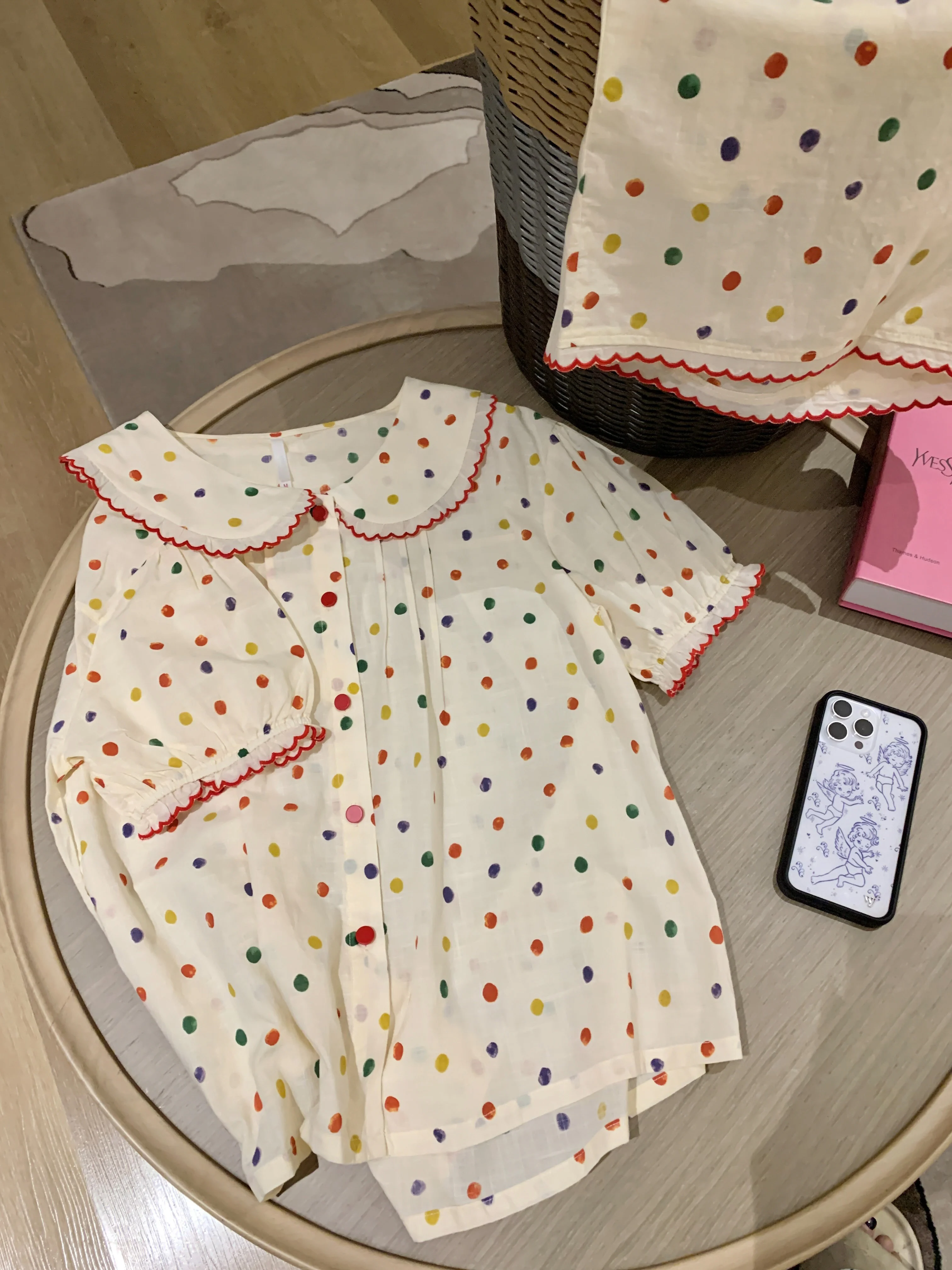 100% cotton sweet girl polka dot mesh pajamas 2025 new ins style cute doll collar loungewear short-sleeved set
