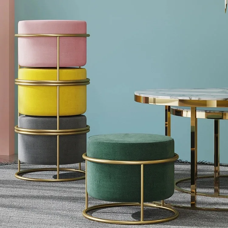 For Explosion Velvet Soft Round Footstool Ottoman Living Room Stool Gold