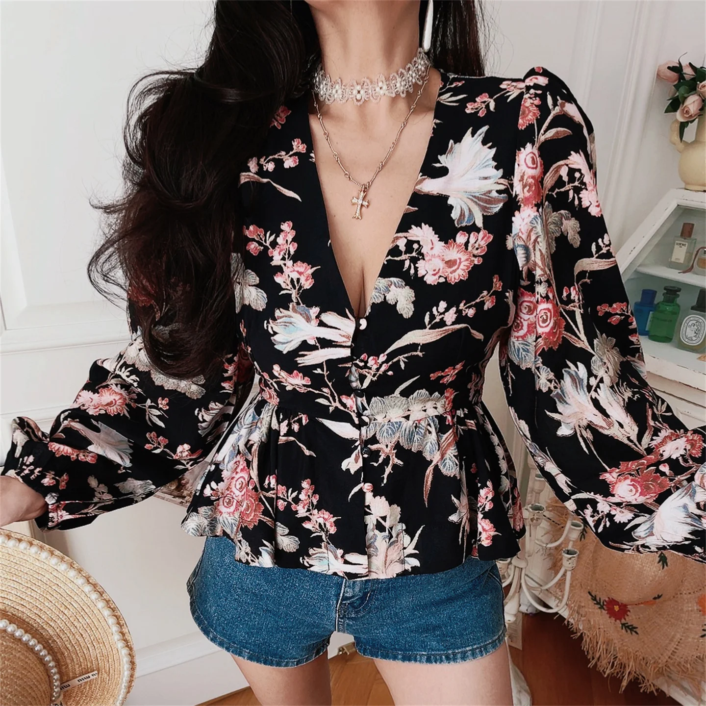 

French Style Slim Fit Shirt Summer Vacation Waist Cinched Lantern Sleeve V-Neck Large Flower Print Breathable Polyester