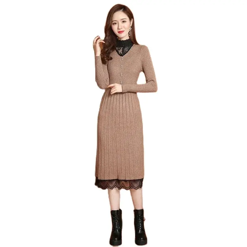 

2022Winter Warm Body Plus Velvet Bottoming Dress Mid-length Korean Version Loose Over The Knee Lace Stitching Sweater Skirt Wome