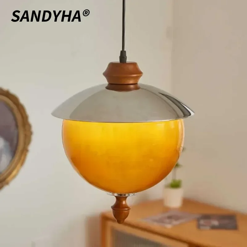 

SANDYHA Retro Chandelier Tea Color Glass Pendant Lights LED Hanging Lamps For Bedroom Bedside Living Room Background Home Decor