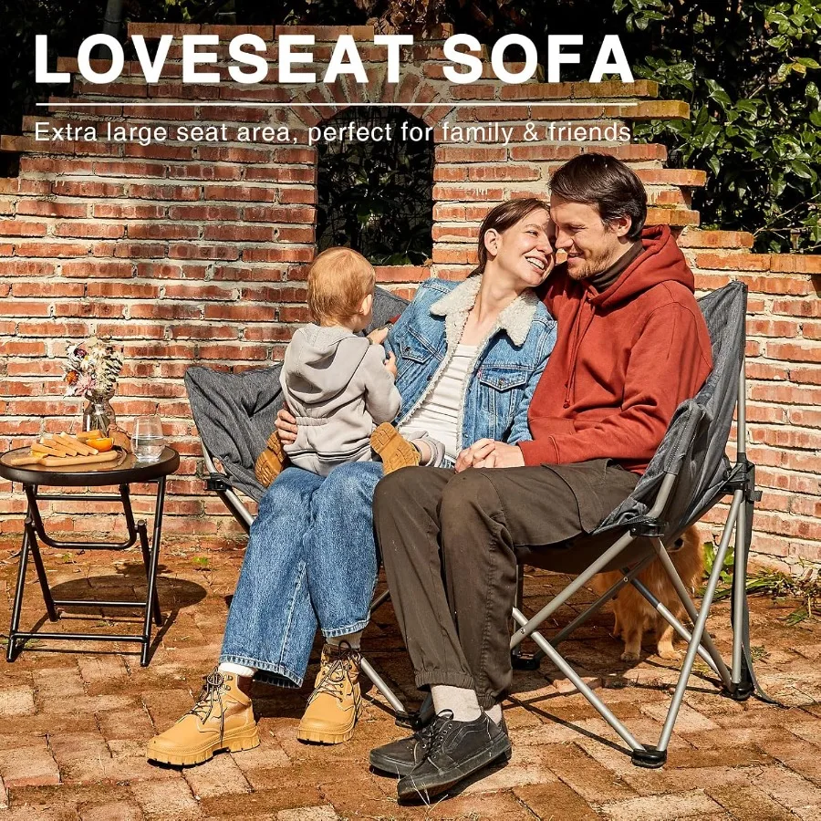 كرسي تخييم مزدوج للبالغين مبطن قابل للطي للتخييم مقعد الحب مع جيب جانبي أريكة تخييم محمولة لشخصين ثقيلة