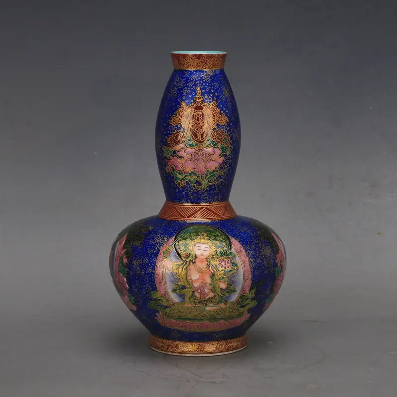 Chinese Qianlong Thangka Buddha Cloisonne Enamel Gourd Vase Handmade Reproduction Porcelain Home Decor Collectible