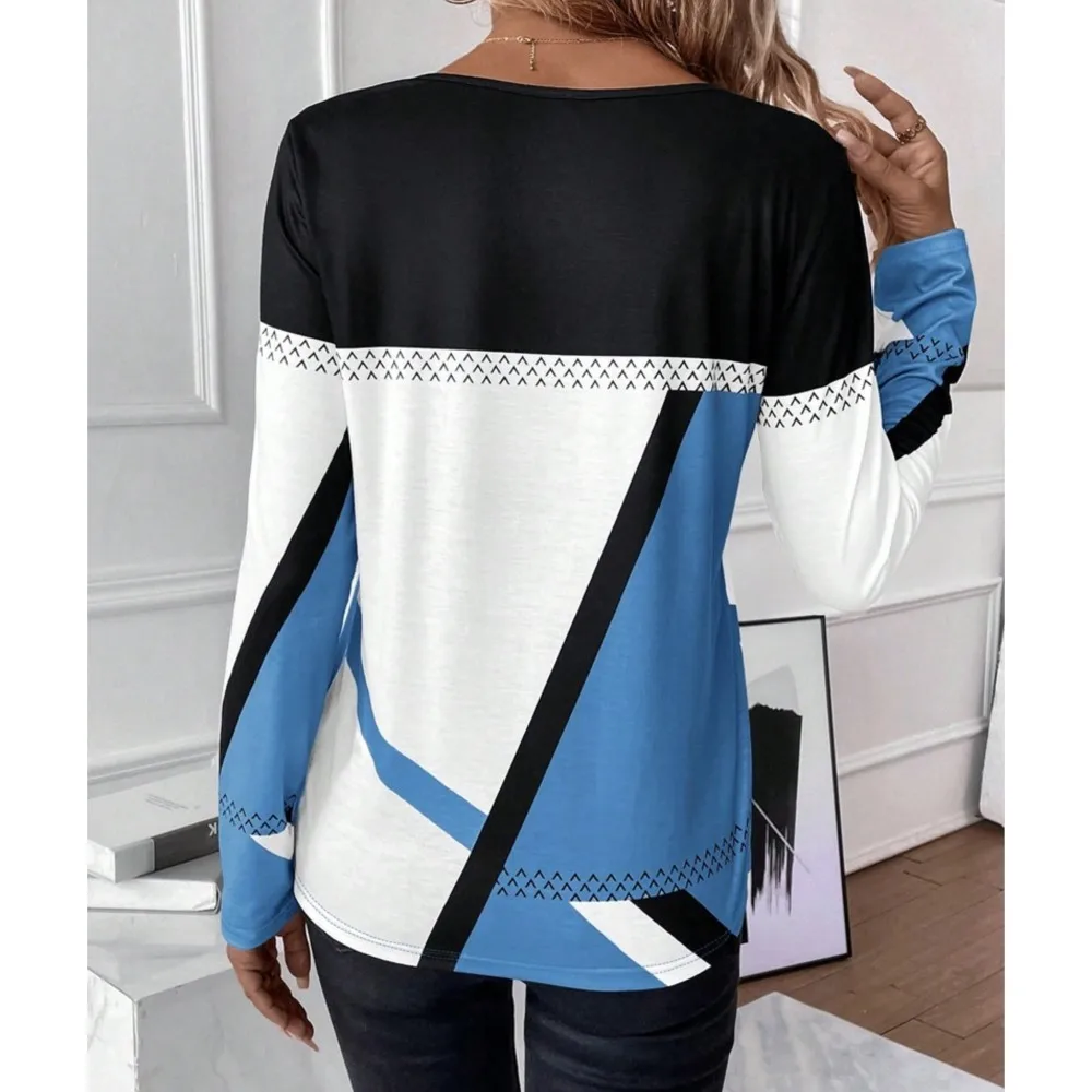 女性の幾何学的なプリントの長袖Tシャツ,スプライストップ,ラウンドネック,対照的な色,新しい,レジャー,2022