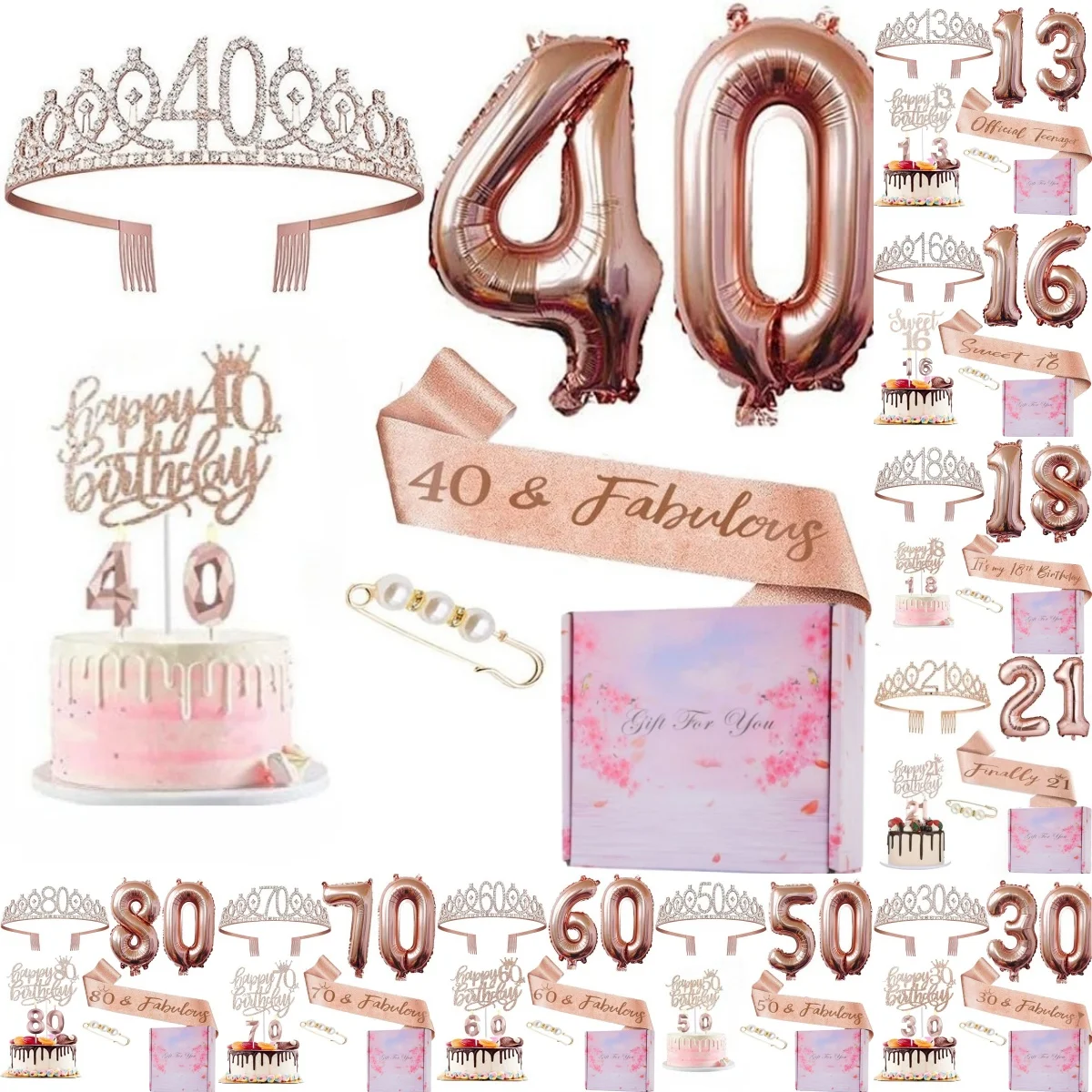 8Pcs/Set birthday party crown sash cake balloons candles Decoration with gift box 13 16 18 21 30 40 50 60 70 80 for women
