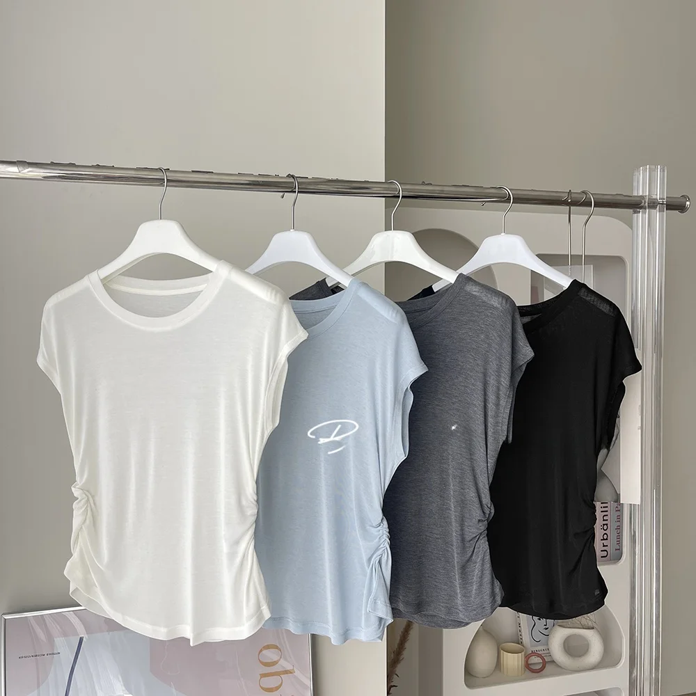 

Ultra-Thin Silk Knitted round Ne T-irt ort Sve Dstring Elastic Commute Versatile Knitted Top Korean Sle