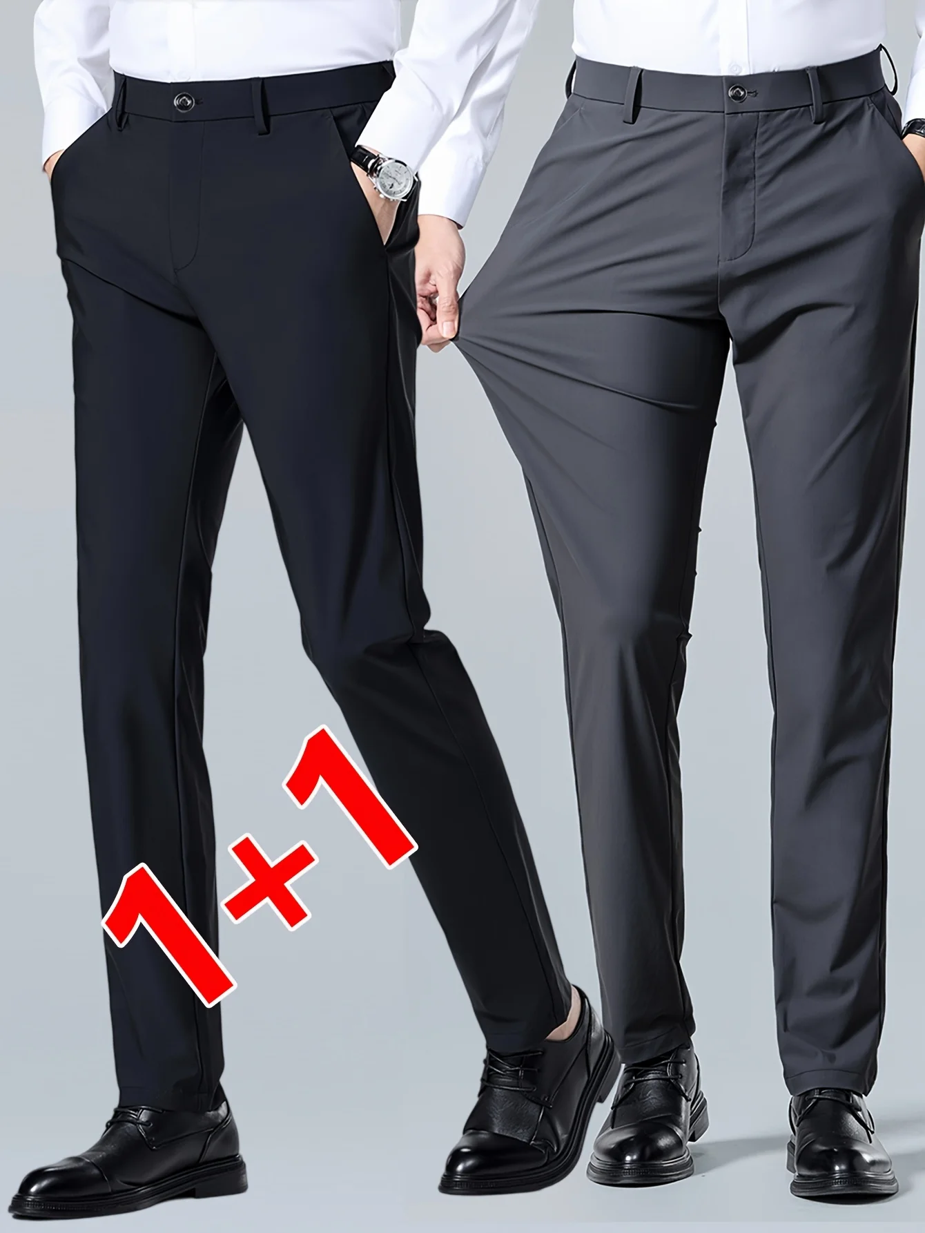 Men's Slim Fit Stretch Dress Pants - Solid Color Business Casual Trousers, Comfort Office Commute Pants for Male - 2-Pack & Sing