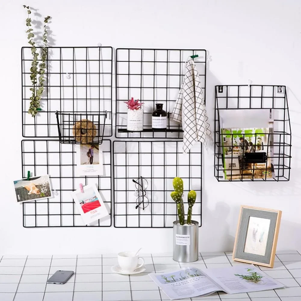 WHISM Multi-Function Iron Metal Grid Decor Photo Frame Wall Art Display Mesh Storage Shelf Organizer Rack Holder