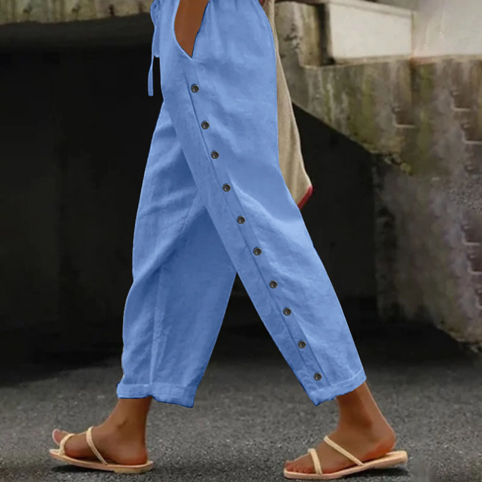 Women's Pants Fashion Elastic Waist Straight Pant Button Decor Casual Solid Loose Female Elegant Long Trousers With Pockets