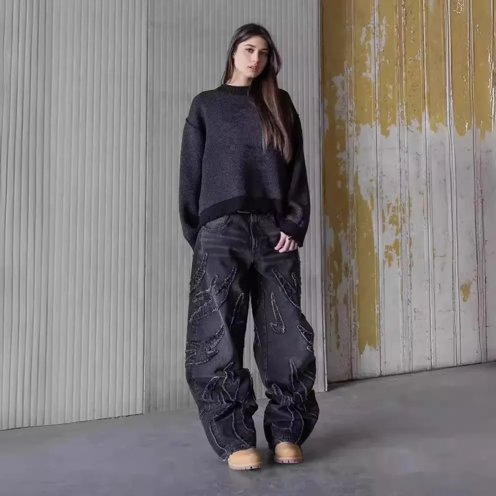 Men Baggy Jeans Y2k Hip Hop Vintage Black Pants Oversized Embroidery Harajuku Gothic Wide Leg Trousers Streetwear Women Pants
