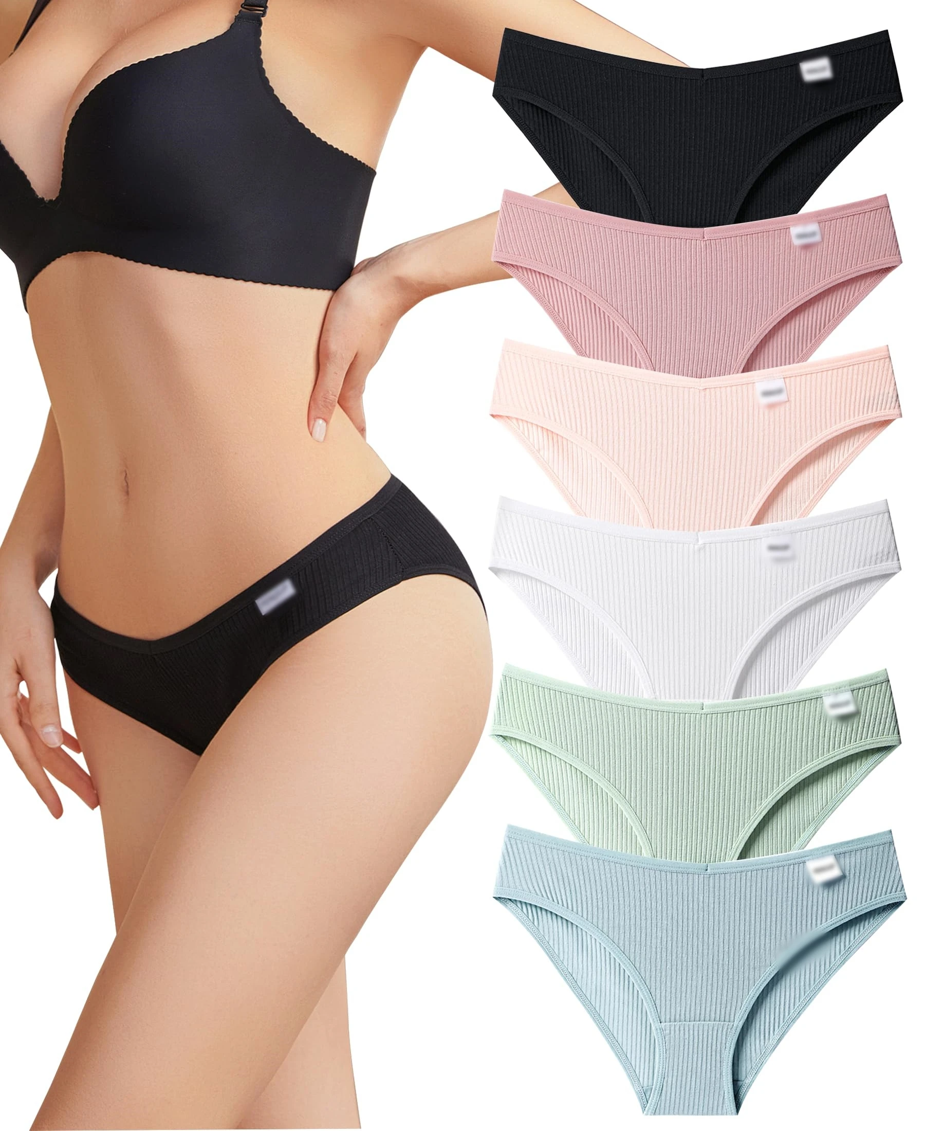 

Cotton Underwear for Women Cute Low Rise Ribbed Bikini Breathable Sexy Hipster Womens Cheeky 6 Pack
