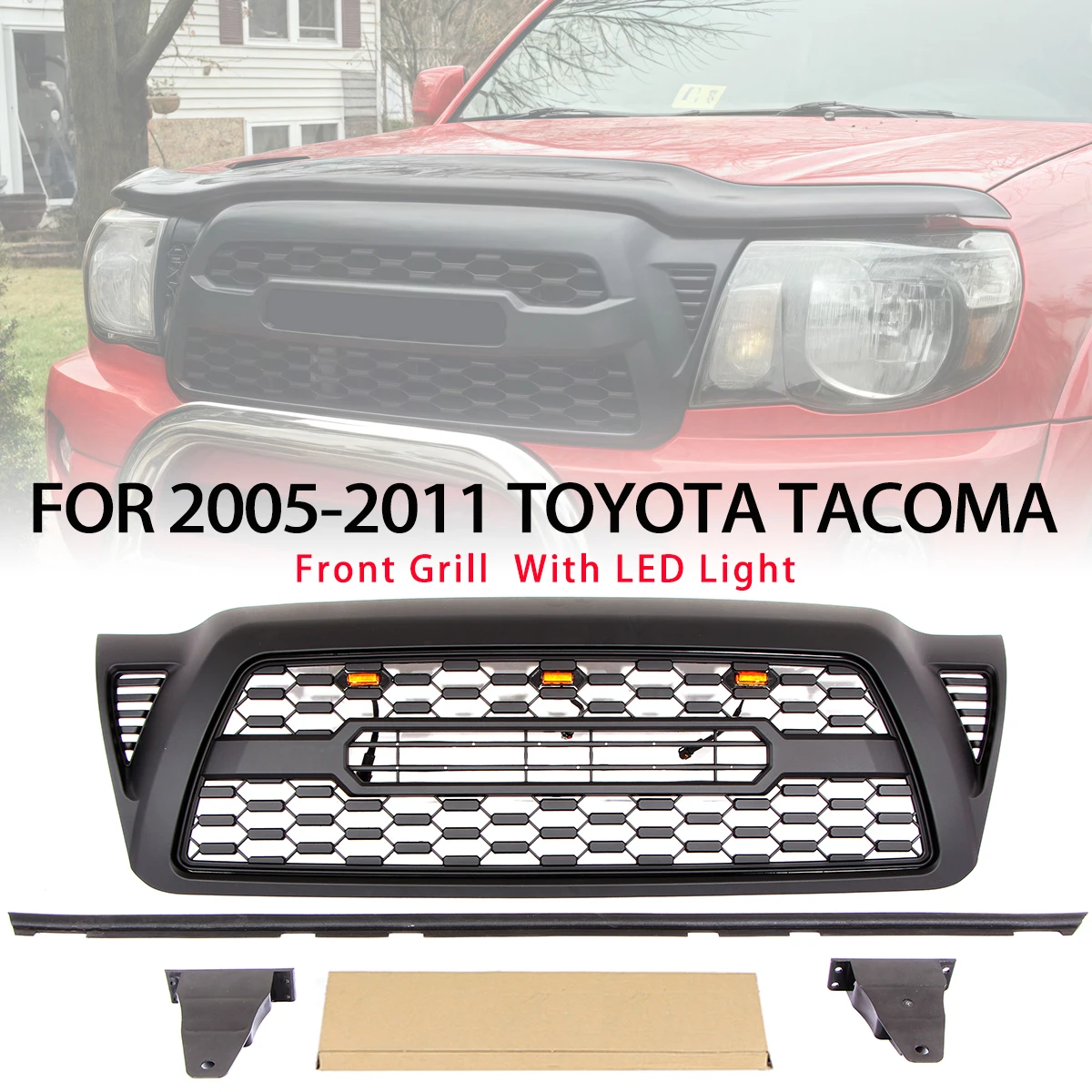 

Front Grille W/light Fits For 2005-2011 Toyota Tacoma TRD & Honeycomb style Black Grill