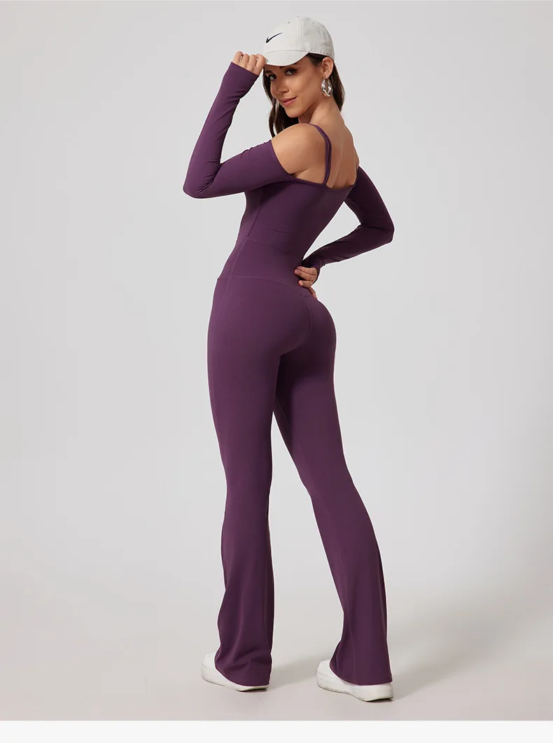 Women Workout Pad Jumpsuits with Flare Leggings Long Sleeves Yoga Suit Cutout Shoulder Dancing Rompers Activewear