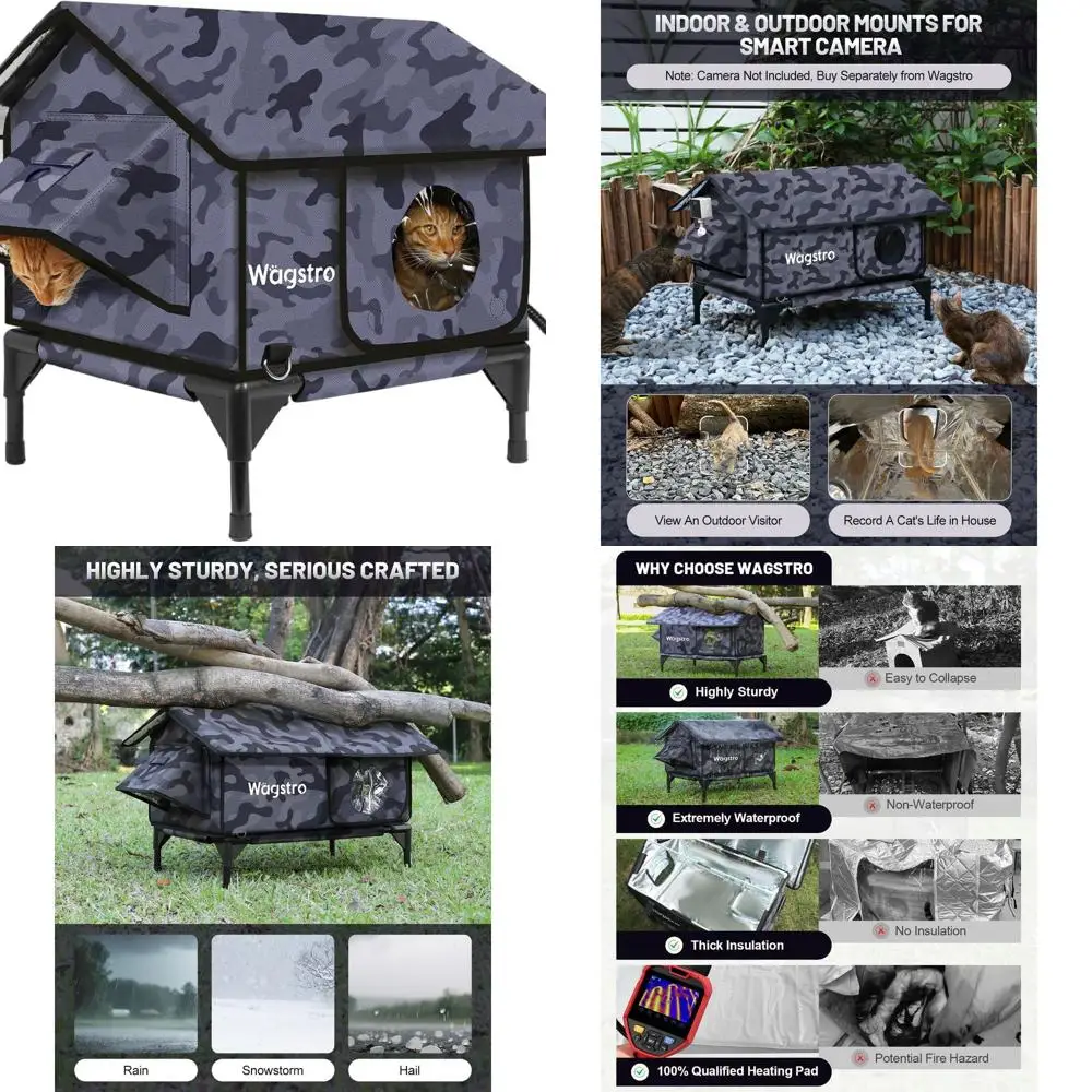 

Водонепроницаемый изолированный уличный приют для кошек с обогревателем, сейф для кошек ферлов, камуфляжный черный, 16x16x19