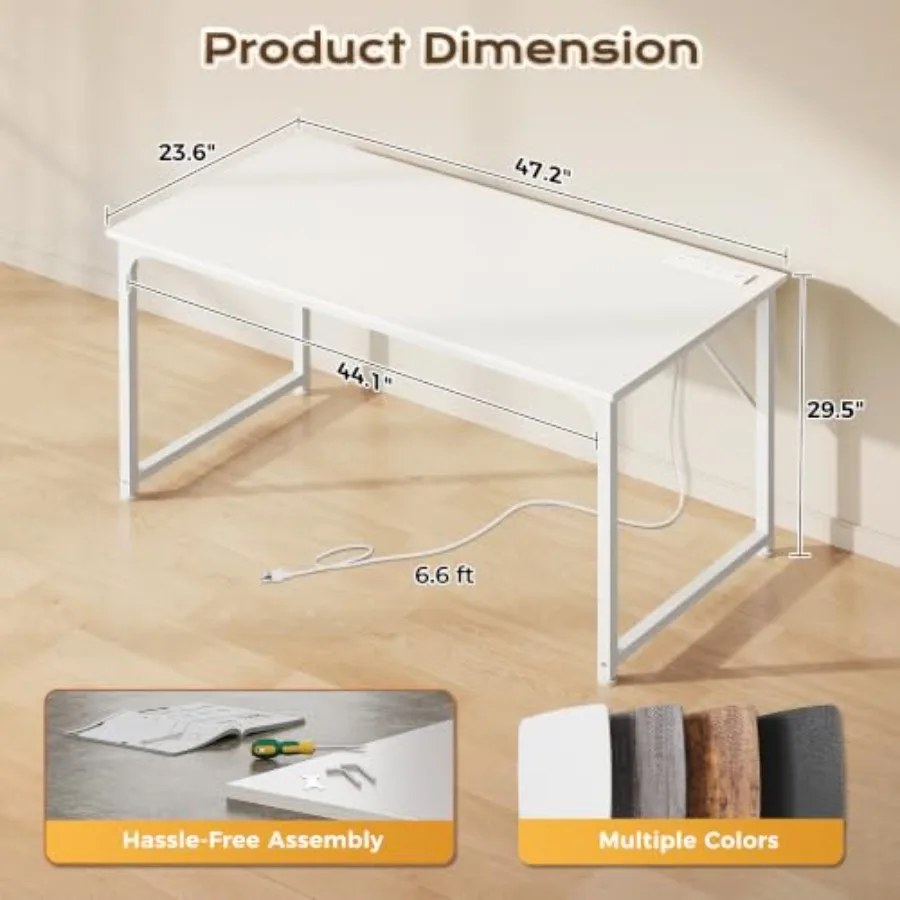 47 X 24 Inch Deeper Desk with Power Outlets for home office use, engineered wood in white, built-in dual USB and AC outlets