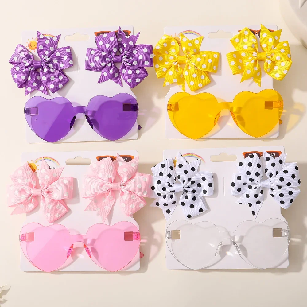 3Pcs/set Sun Glasses Set Girls Kids Cute Solid Dot Hairpin Colorful Heart Boutique Bowknot Hair Clips Children Hair Accessories