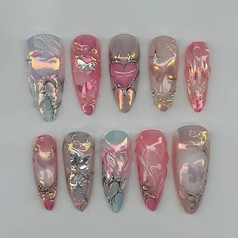 24 piezas uñas postizas metálicas dulces y atrevidas, corazón degradado con baño de plata 3D, almendra de cobertura completa para mujer y niña