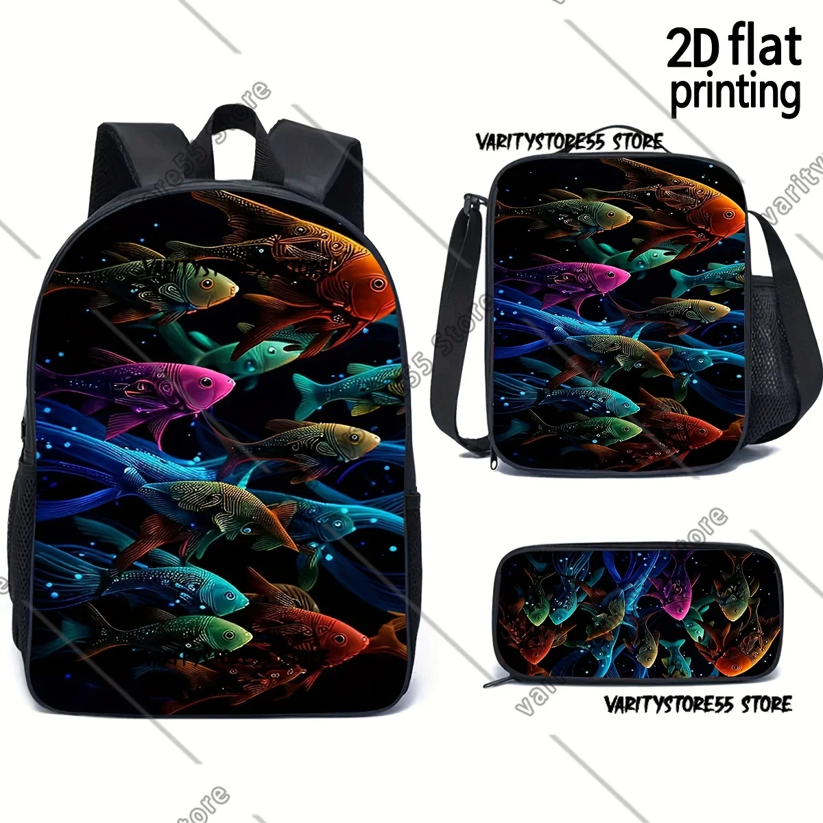 

Яркий неоновый рюкзак с изображением рыбы для школьников (мальчиков и девочек), сумка для ноутбука, 3 предмета: сумка для обедов с термоизоляцией и пенал