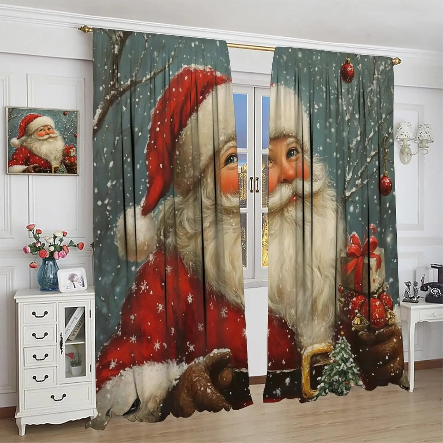 ستائر سانتا العتيقة مع طباعة سانتا اللطيفة، تصميم غابة الثلج الشتوية الريفية، ستائر احتفالية لديكور نافذة غرفة المعيشة