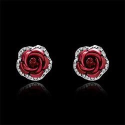 Fashion Rose Flower Rhinestone Stud Earrings For Women Blue Red Purple Round Bouquet Crystal Earring Wedding Jewelry Gift Brinco