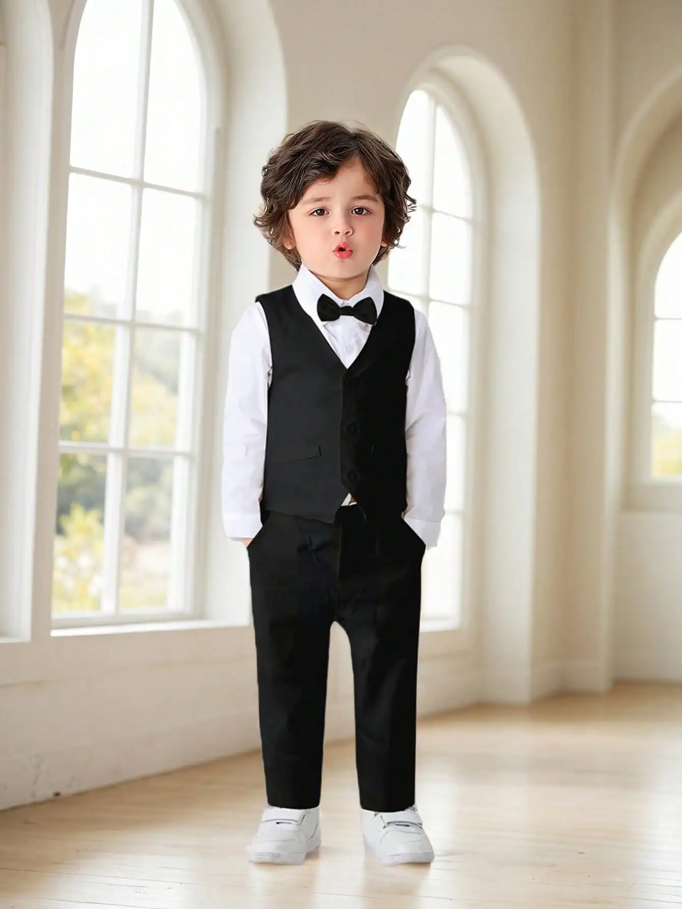 

3-Piece Formal Suit Set for Boys: White Shirt, Black Vest & Pants
