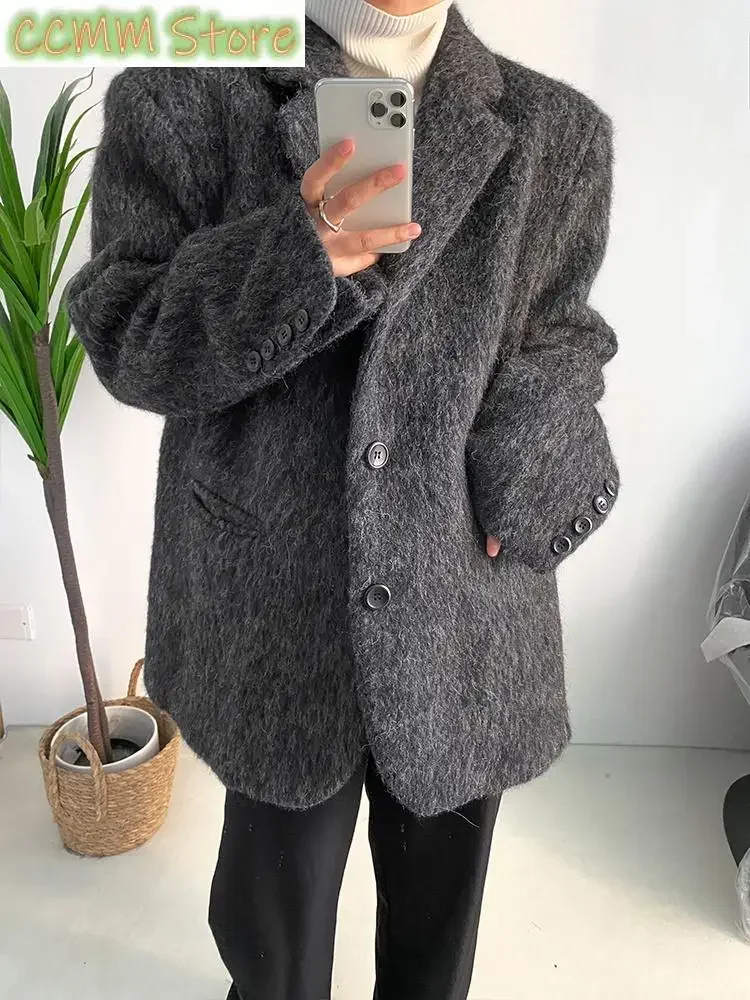 Loose Fit Gray Big Size Casual Elegant Woolen Coat Parkas New Long Sleeve Women Fashion Tide Autumn Winter