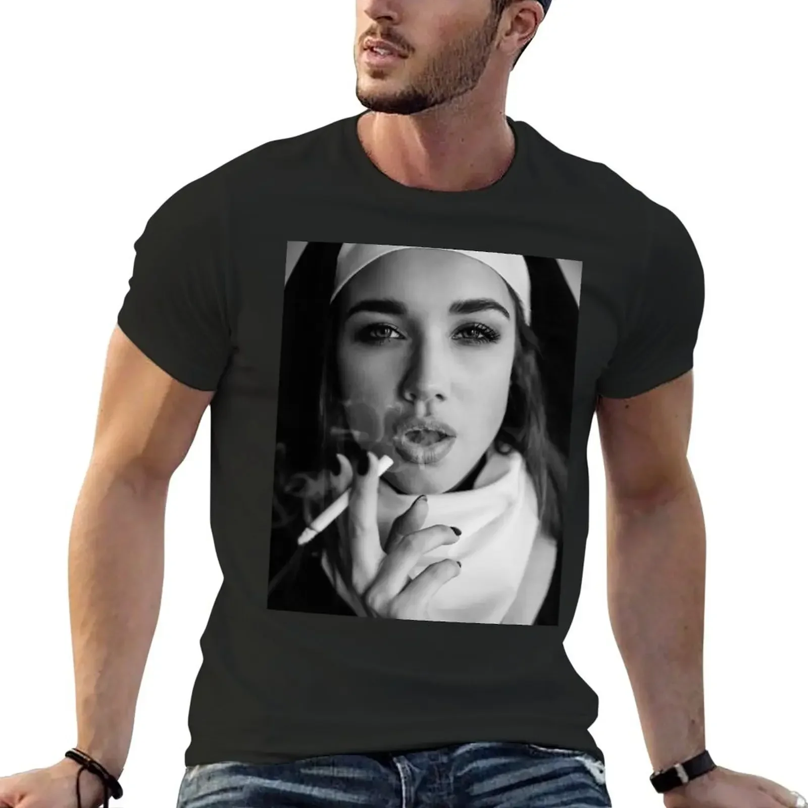 Nun smoking. Portrait of a smoking young nun, T-Shirt man t shirt aesthetic clothes baggy shirts sweat t shirts for men