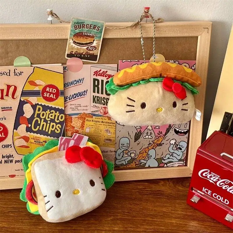 Sanrio hamburguesa Hello Kitty muñeco de peluche llavero sándwich de dibujos animados Hot Dog Kitty gato modelado juguete colgante llaveros Navidad