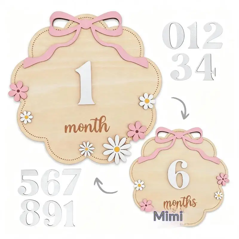 Handmade Wooden Baby Monthly Milestone Markers Pink Bow Floral Style Newborn Photo Props for Memory Keeping