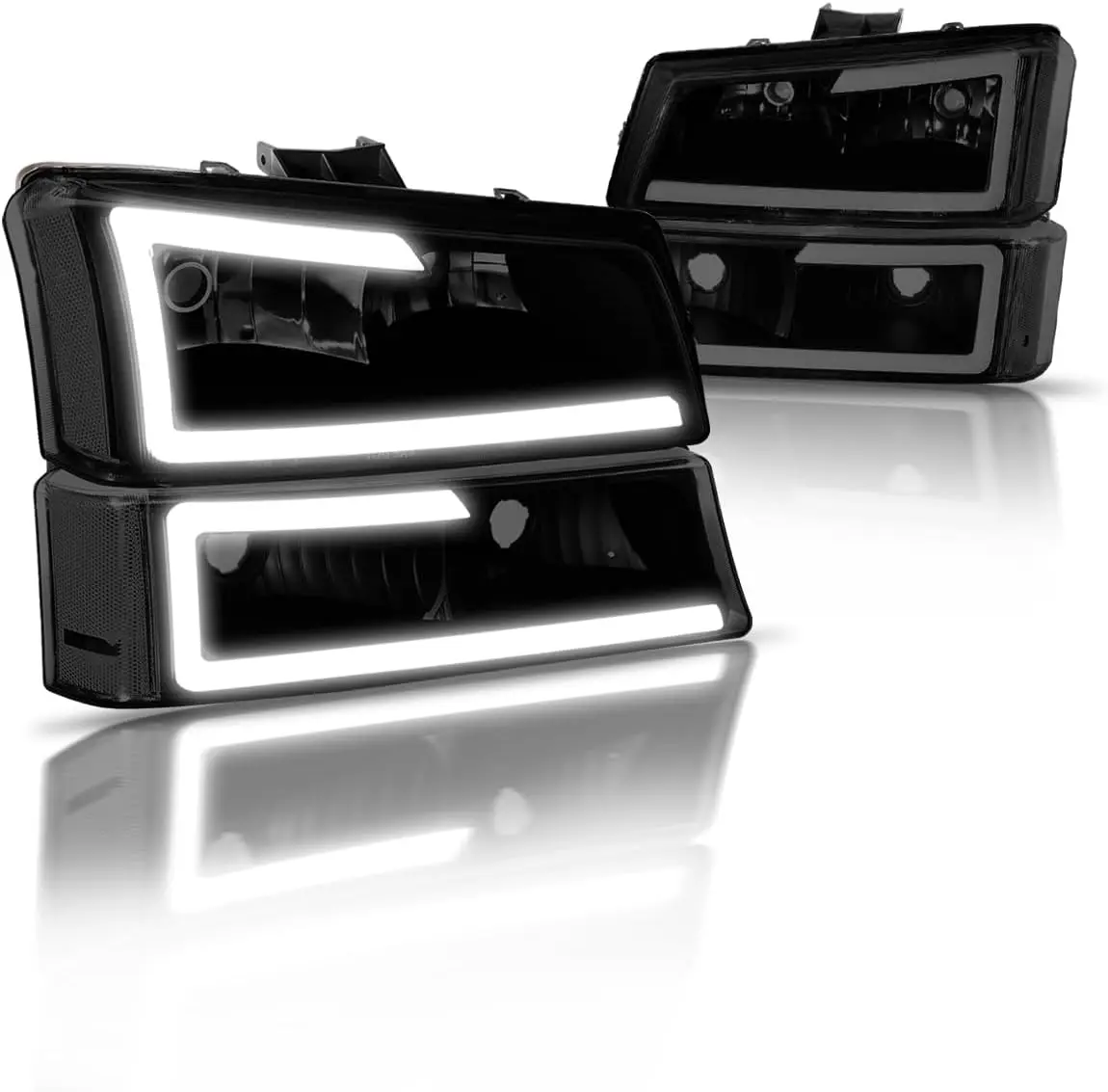 

LED DRL Tube Headlights Assembly with Bumper Lamp Set Compatible with 03-07 Chevy Silverado 1500 2500 3500 Compatible with 03-06