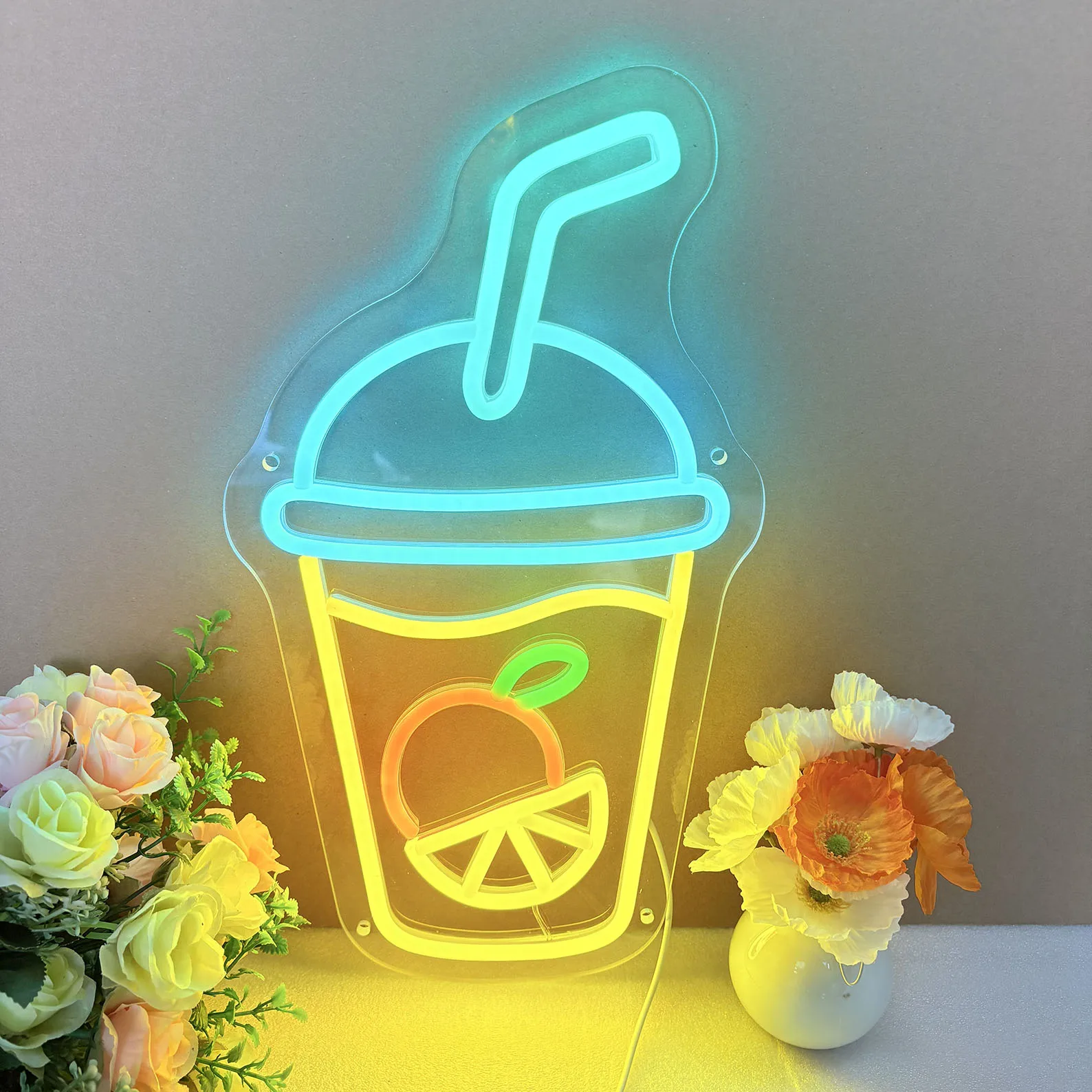 Juice Bar Neon Sign Glass of Juice Restaurant Wall Art Hanging Smoothie with Ice, Fruit Swirl Shop Open Decor