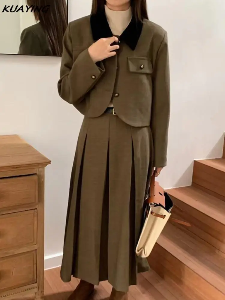 French Casual Formal Blazer Long Skirts Suit Women Vintage Business Suit Jackets Midi Saya Two Pieces Female Outfits Autumn New