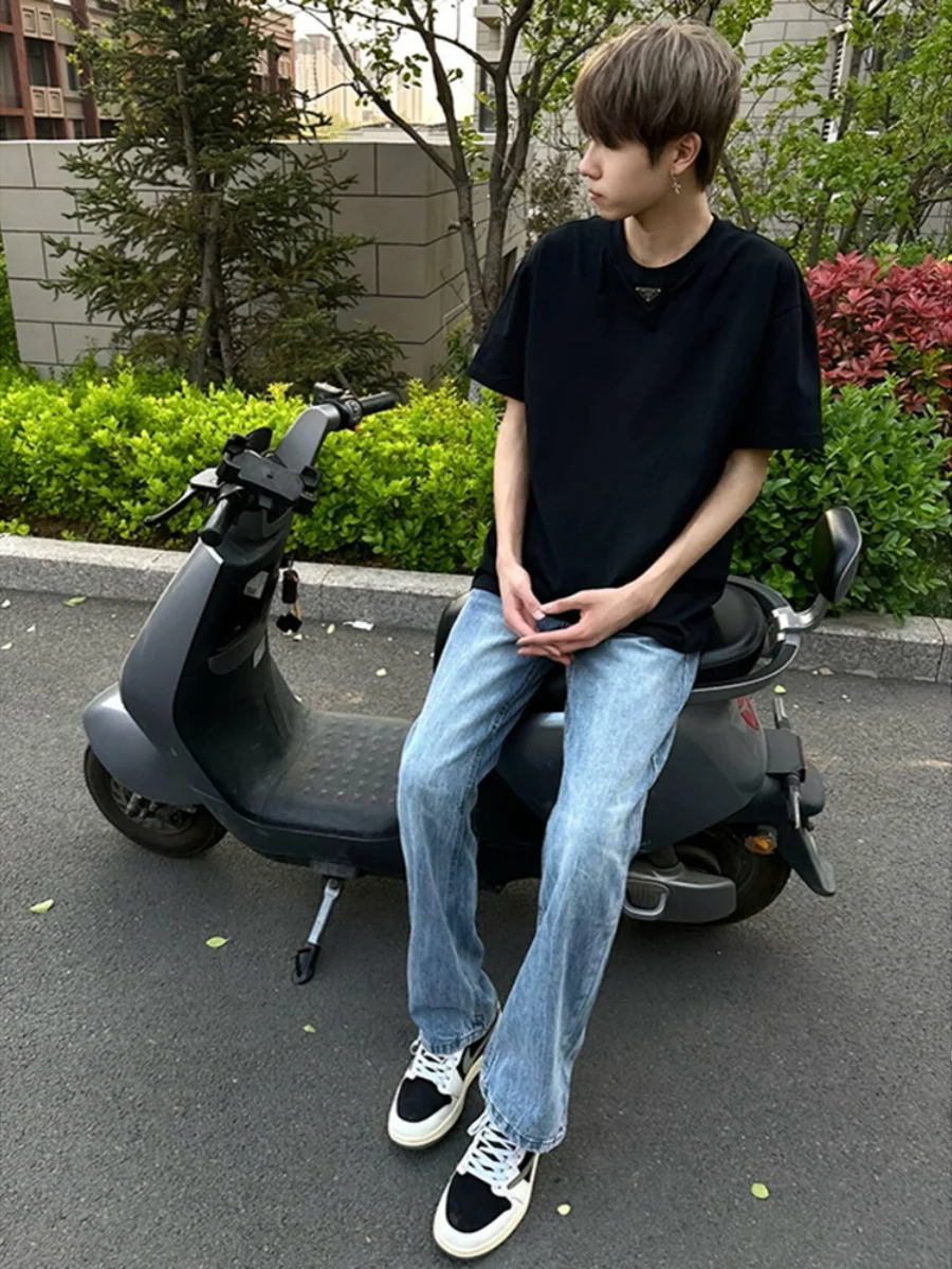 

Cleanfit American Retro Light Blue Washed Denim Jeans Men's High-End Feeling Pants Micro Flared Straight Leg Casual Wear