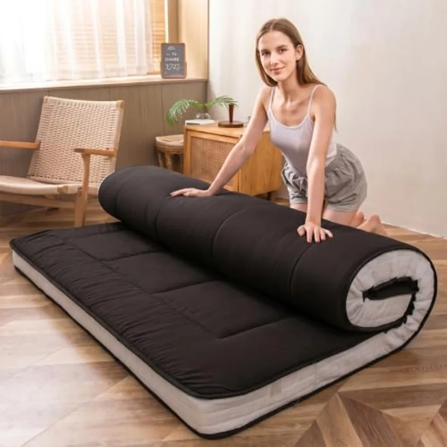Futon Mattress for Floor Sleeping, Cotton-Polyester Blend Quilted Topper, Black, Extra Thick Breathable Folding Pad for Guests,