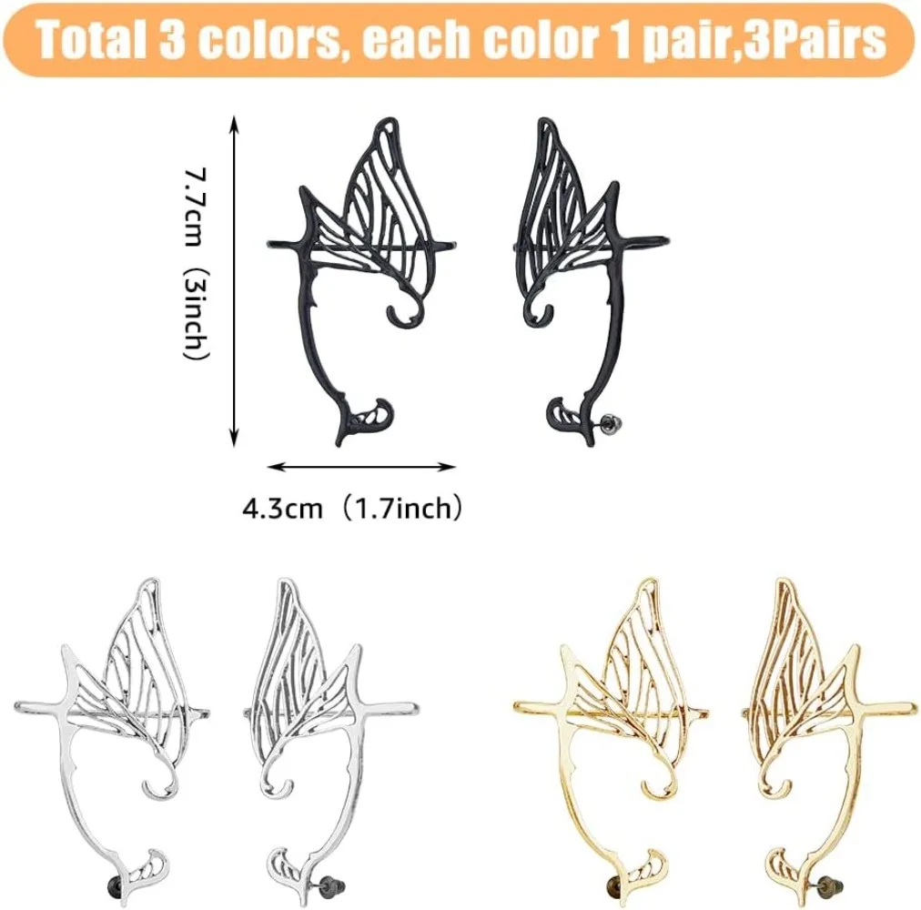 3 Colors Wing Ear Cuffs Earrings 3 Pairs Vintage Elves Ear Cuff Elf Cartilage Earrings Hollow Wrap Stud Earring making kit