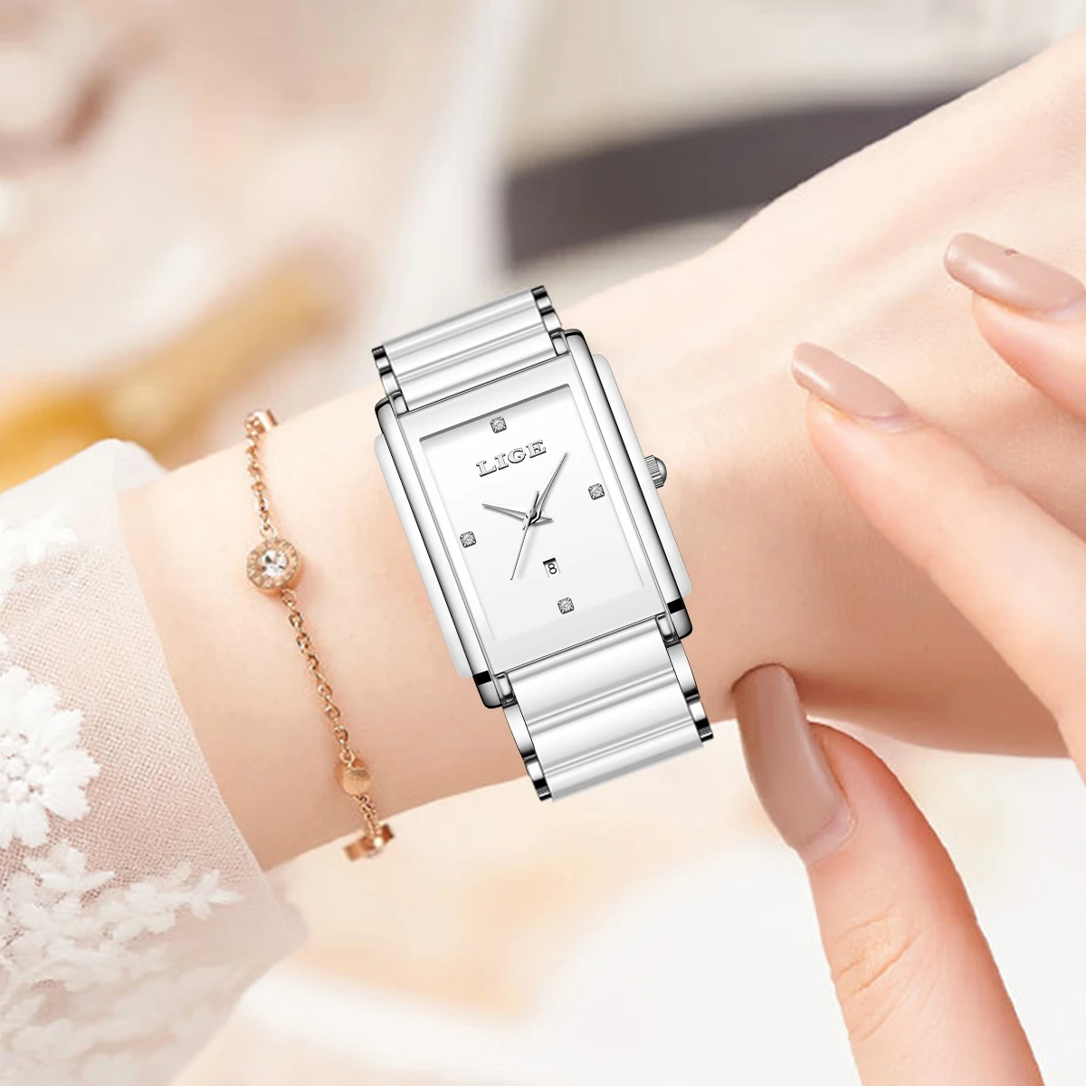 LIGE 2026 Square Watches for Women Simple Elegant Diamond Ceramics Strap Luxury Ladies Bracelet Quartz Watches Gifts Reloj Mujer