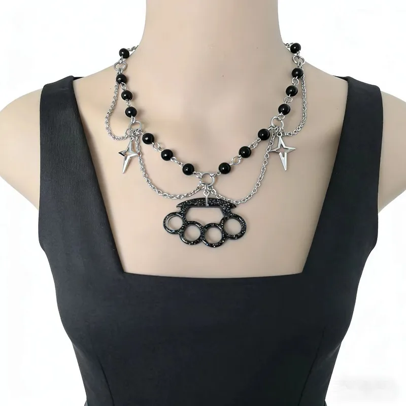 Punk Mcbling Imitates Pearl Cross Stars English Punch Fist Knuckle Brace Necklace Scene Jewelry 2000s Harajuku Gyaru Accessories