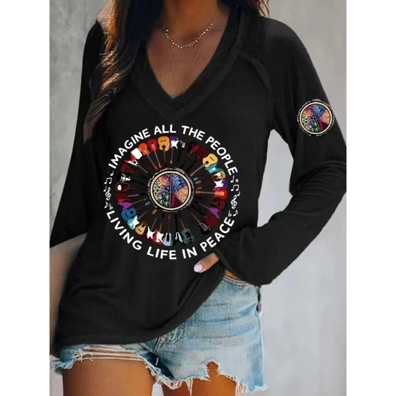 ilstile Women's Hippie Living Life in Peace Print T-Shirts Spring Summer Long Sleeve Casual Loose V Neck Tops Tees NEW