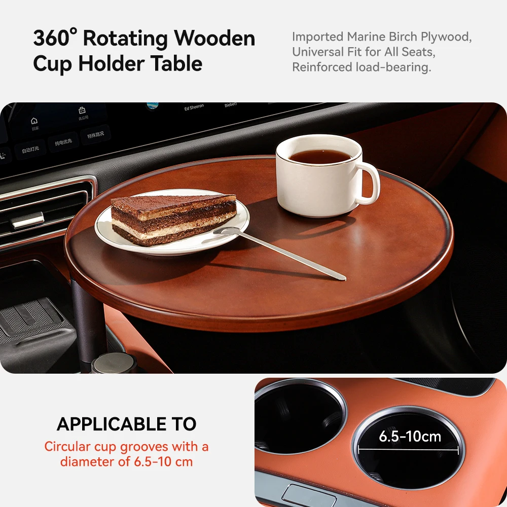 YZ Car Water Cup Extended Table Board Solid Wood Suspended 360° Rotation Food Drink Tray Portable Office Table Accessories