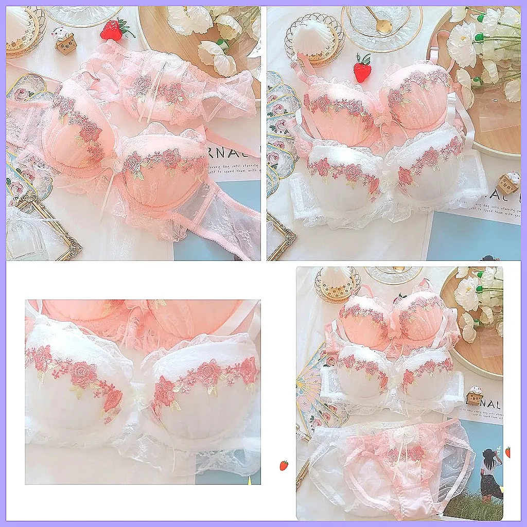 

Sweet Girl Lace Underwear Set with Water Soluble Flowers, Comfortable Steel Ring Bra & Panty Sets in Large Size