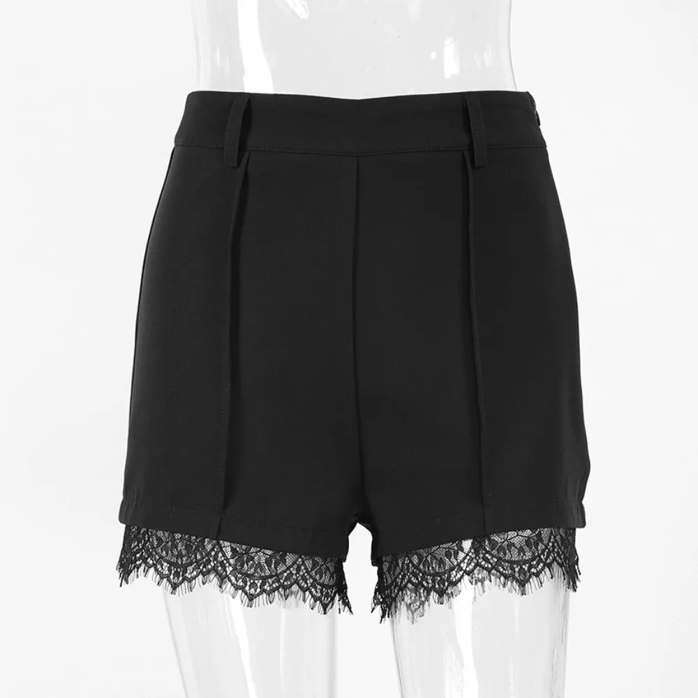 Black High Waist Blazer Short Pant Wrinkle Free Lace Splice Lace Trim Shorts Elegant Relax Fit Retro Design Shorts