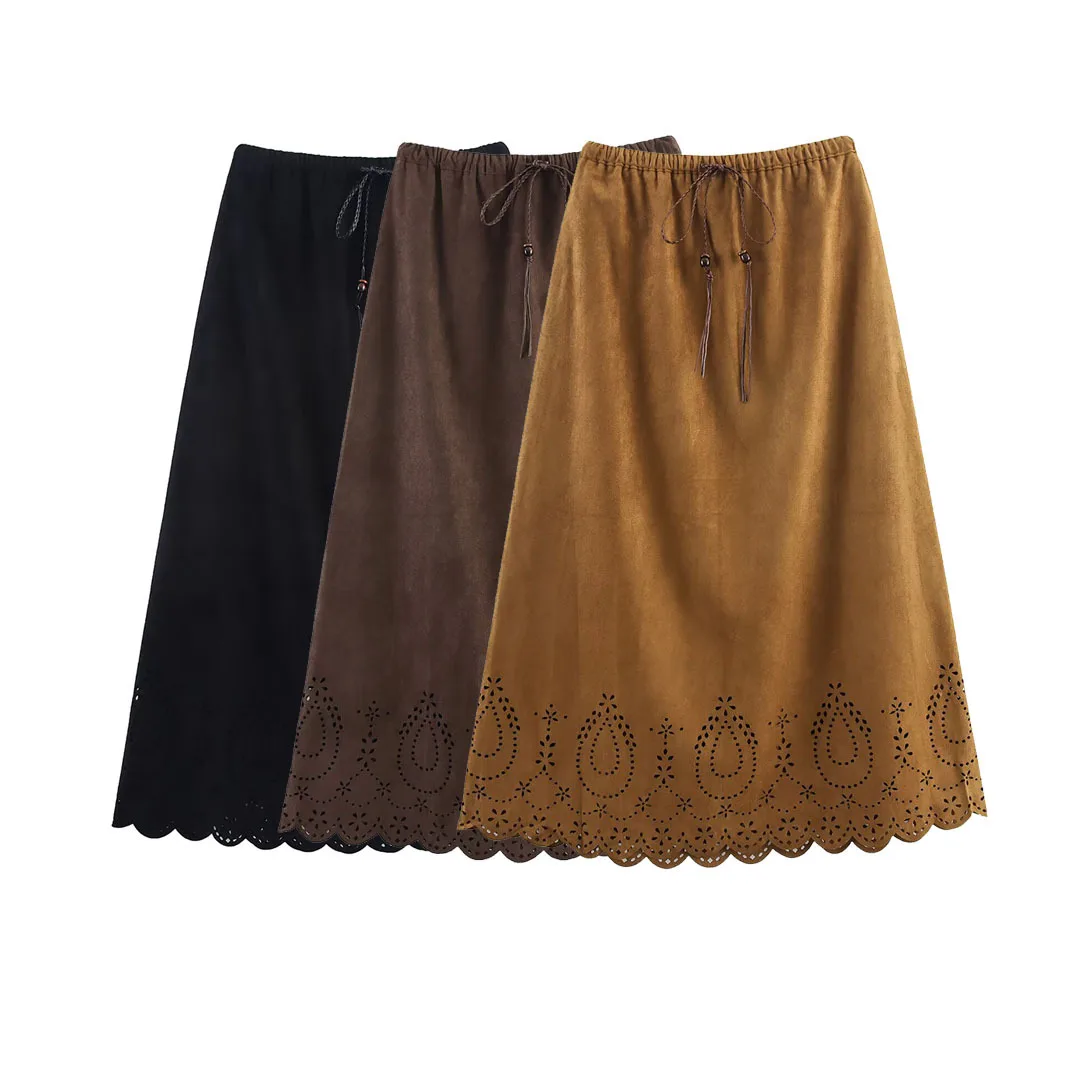 

Замшевая юбка в стиле ретро с резными отверстиями и цветком, кисточками в богемном стиле, праздничная пляжная юбка в стиле хиппи, осенняя юбка трапециевидной формы, женская юбка