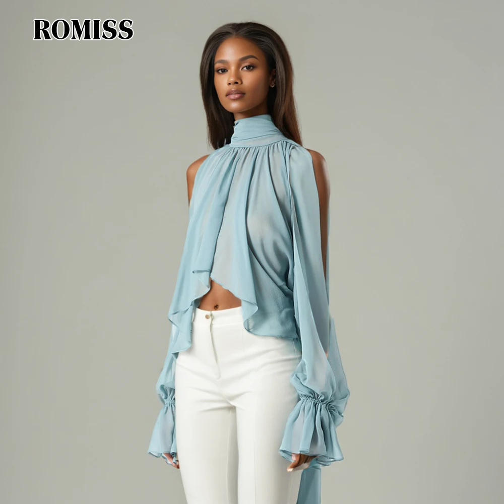 

ROMISS Solid Irregular Shirts for Women High Neck Drop Sleeves Patchwork Flods Temperament Shirt Female Fashion New