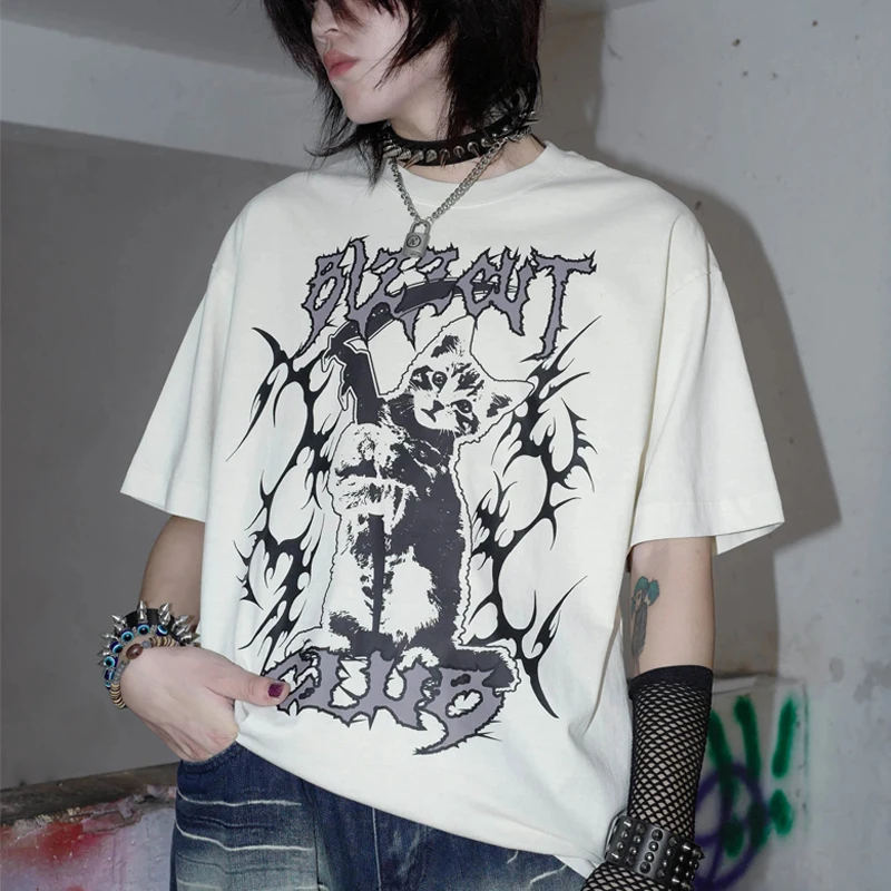 Vintage Portrait Printed Cotton Women's Short-sleeved T-shirt Summer American White Men's T-shirt  Loose Casual Oversize  Top