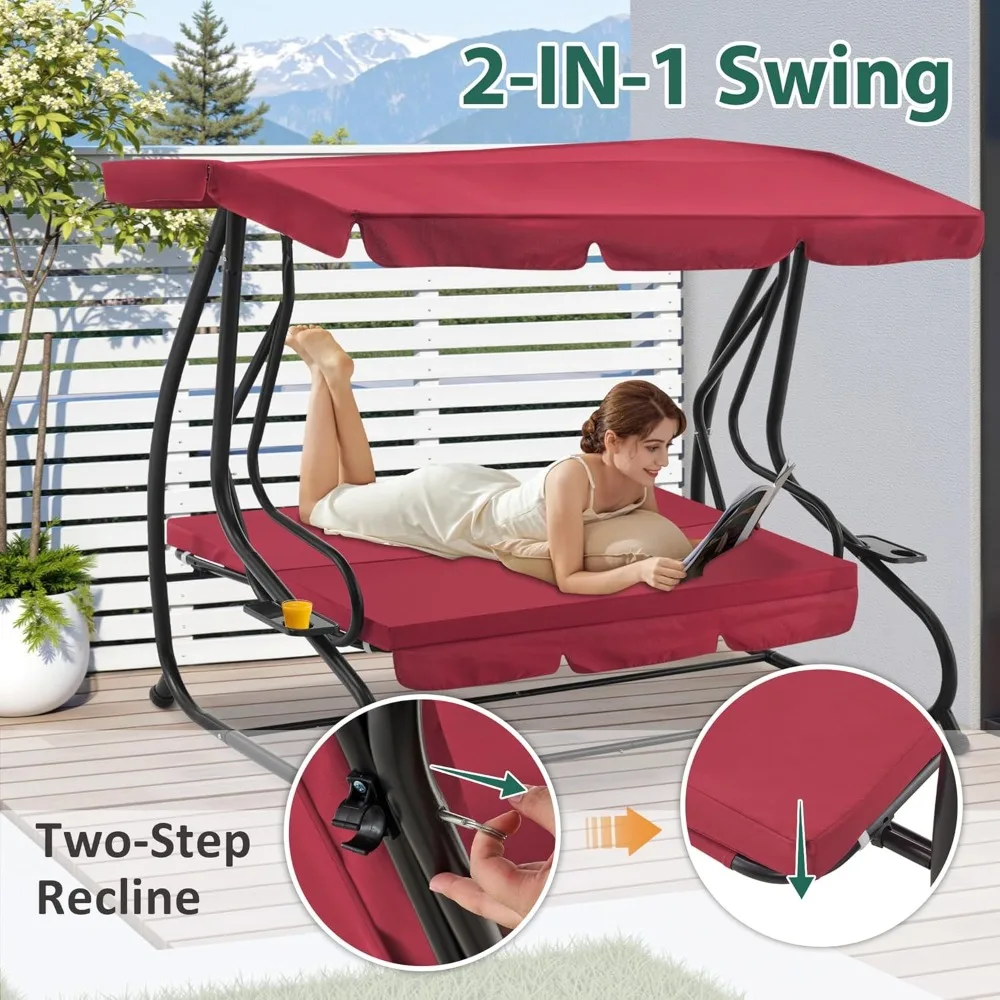 

3 Seat Patio Swing Chair, Outdoor Swing with Adjustable Canopy, Weather Resistant Steel Frame, Porch Swing Sets, Customized